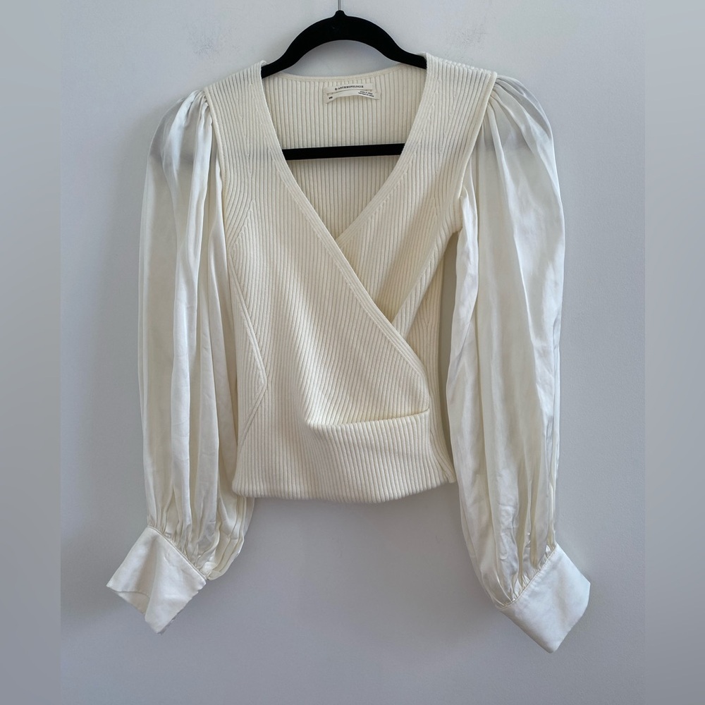 Anthropologie Ivory Twofer Faux Wrap Sweater With Satin Balloon Sleeves Size XXS - Picture 4 of 10